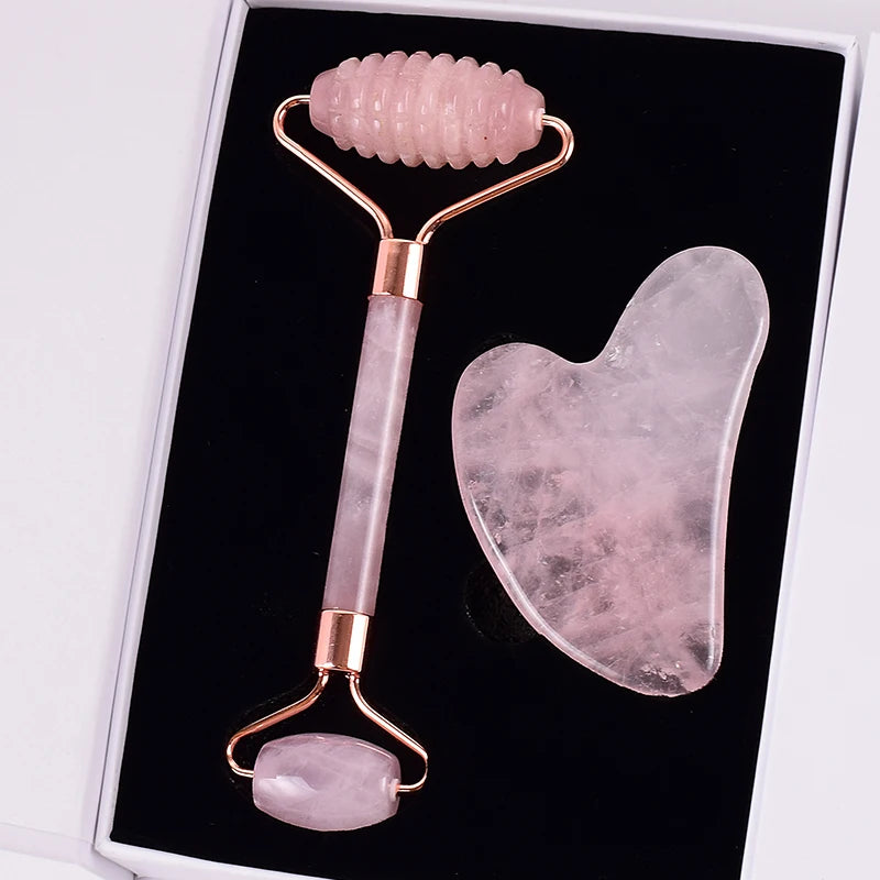 Coffret Rouleau & Gua Sha en Quartz Rose Naturel