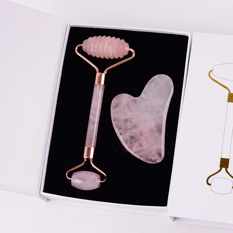Coffret Rouleau & Gua Sha en Quartz Rose Naturel
